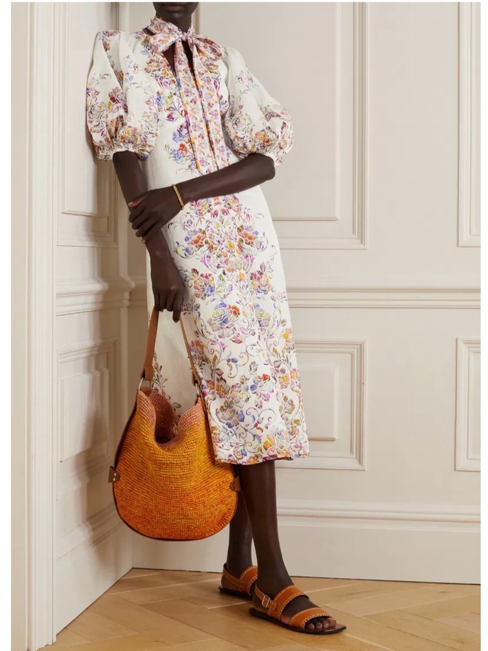 Zimmermann Ivory Floral Tie-Neck Midi Dress with Pastel Bouquet